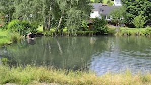 A pond with a birdhouse, surrounded by trees and a house in the background. - Apartment 'Haus Moser - Fewo 1' with Valley View, Shared Terrace and Wi-Fi (Eschau)