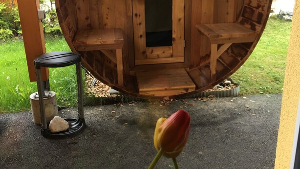 Una struttura in legno con una porta e due panchine.