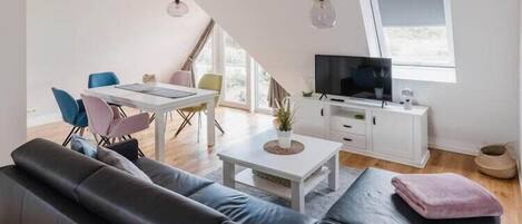 TV connectée, cheminée, livres