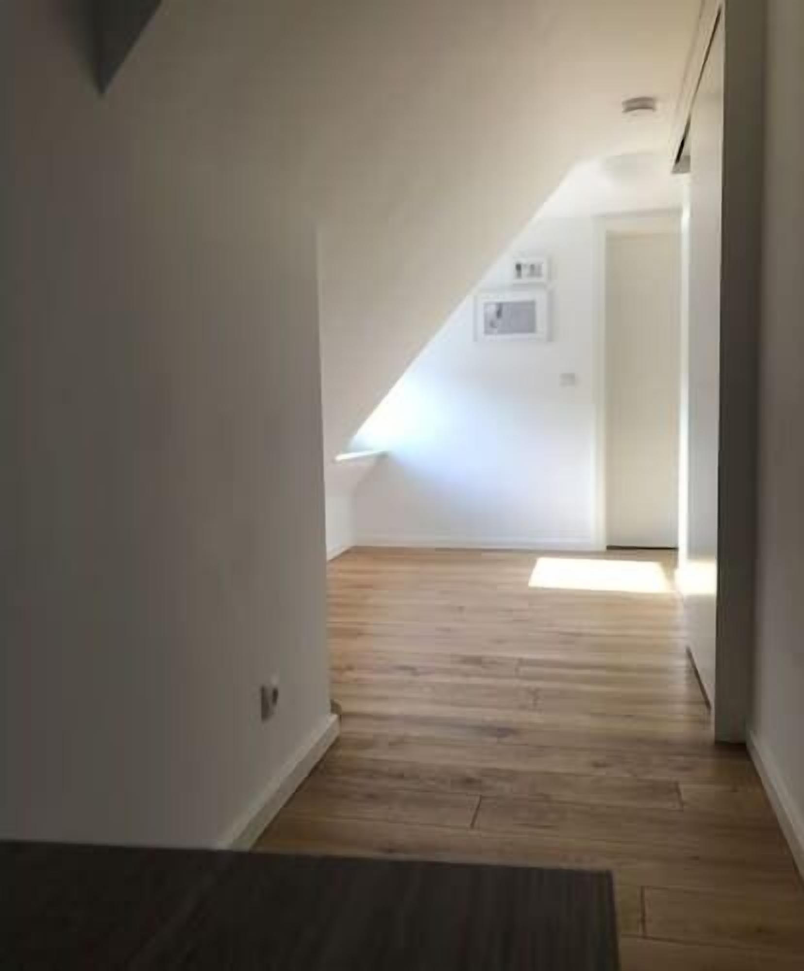 A narrow hallway with wooden flooring leading to a sloped ceiling.