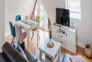 Smart TV, fireplace, books