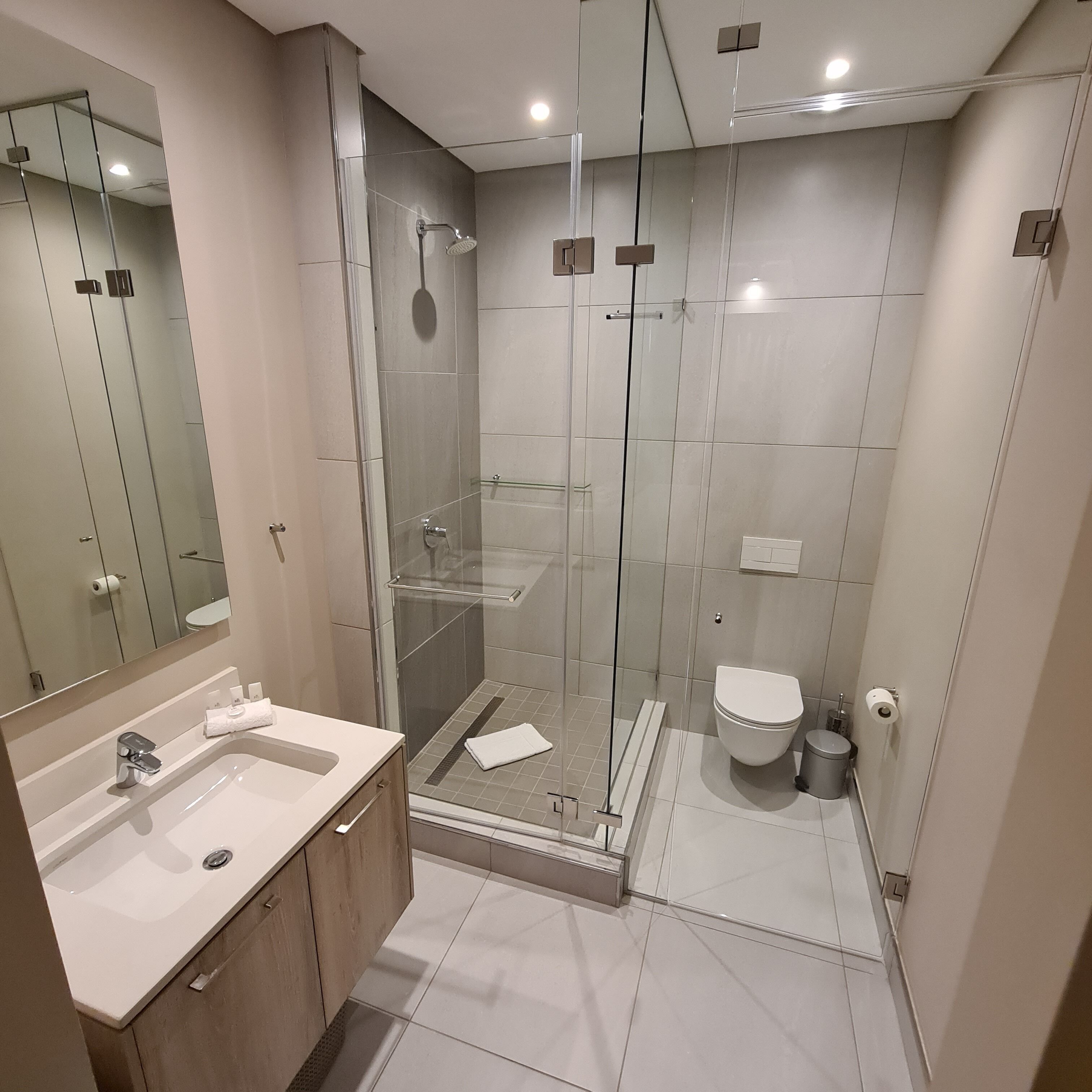 Un baño moderno con ducha envuelta en vidrio, un inodoro y un lavamanos con espejo.