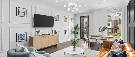 Smart TV, fireplace, books