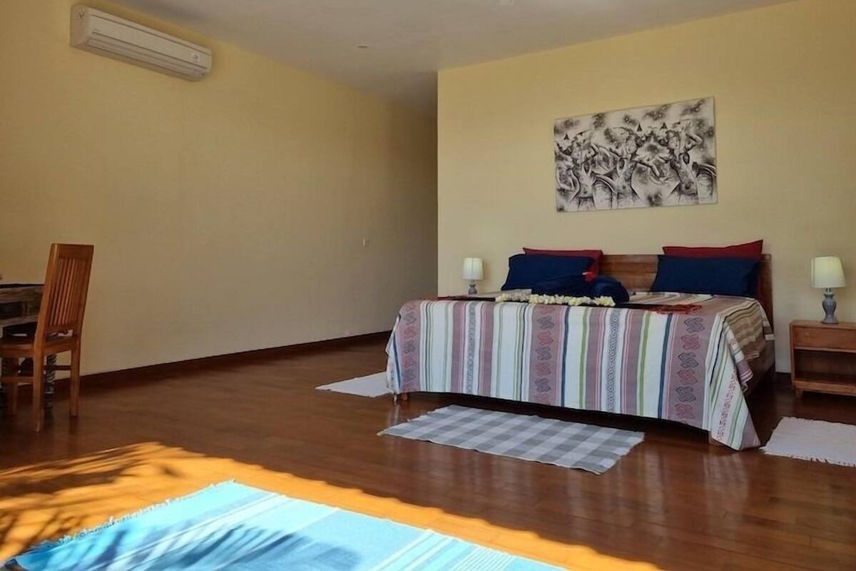 Une chambre à coucher comprenant un lit, une chaise, un ventilateur de plafond et un climatiseur fixé au mur.