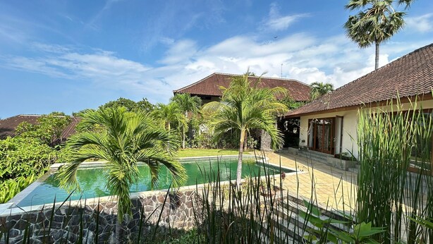 A pool area with a stone wall, palm trees, and a building with a tiled roof. - Ponjok Batu Residence (Tejakula)