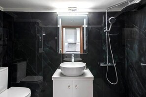 Chuveiro, secador de cabelo, toalhas de banho 