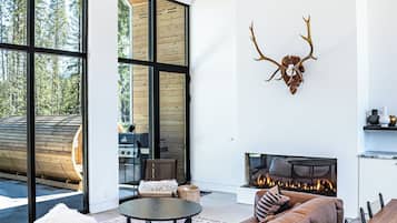 Smart TV, fireplace, foosball