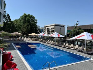 Outdoor pool, pool loungers