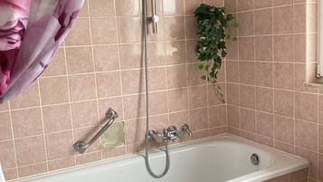 Hair dryer, towels, soap, toilet paper