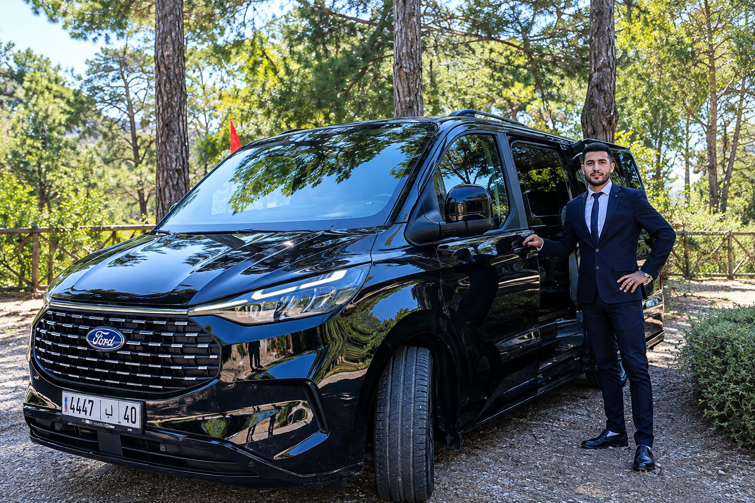 En sort Ford SUV holder parkeret udenfor, med en mand i jakkesæt stående ved siden af den.