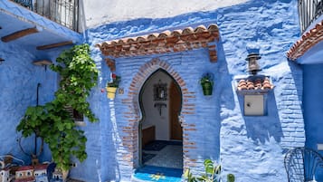 A traditional blue-walled building with a tiled entrance, a hanging plant, and a small balcony.