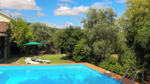 A swimming pool with two lounge chairs and a green umbrella. - Casa Campo das Bizarras (Castro Daire)