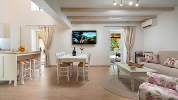 Family House, Multiple Bedrooms, 2 Bathrooms, Mountainside (Casa Di Nika private heated pool and) | Living area | Flat-screen TV, fireplace, video game console