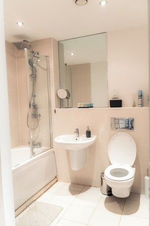 Hair dryer, towels, soap, shampoo