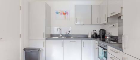 Coffee/tea maker, fridge, microwave, oven