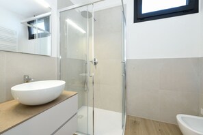 Shower, hair dryer, bidet, towels