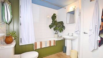 Hair dryer, towels, soap, toilet paper