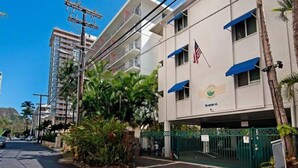 Un edificio de varios pisos con fachada plana, una bandera y un letrero que indica que es un hotel.
