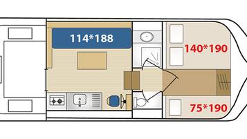 Plano de planta de un barco que muestra tres camarotes, con medidas de 114*188, 140*190 y 75*190.