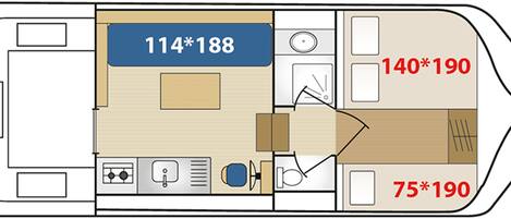 Plano de planta de un barco que muestra tres camarotes, con medidas de 114*188, 140*190 y 75*190.