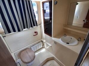 Bathroom - Vintage boat on dock for 7 ppl with private outdoor space in Chenillé-Changé (Chenillé-Changé)