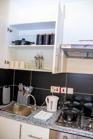 Una cocina con encimera de granito, pileta de acero inoxidable y estufa. Hay armarios sobre la encimera, un hervidor de agua y un juego de cuchillos y cucharas sobre la encimera.