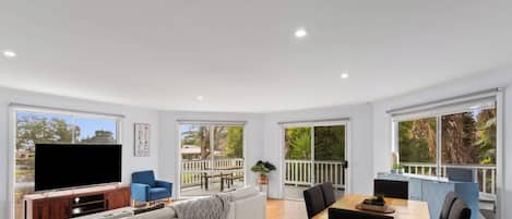 TV, fireplace, DVD player, books