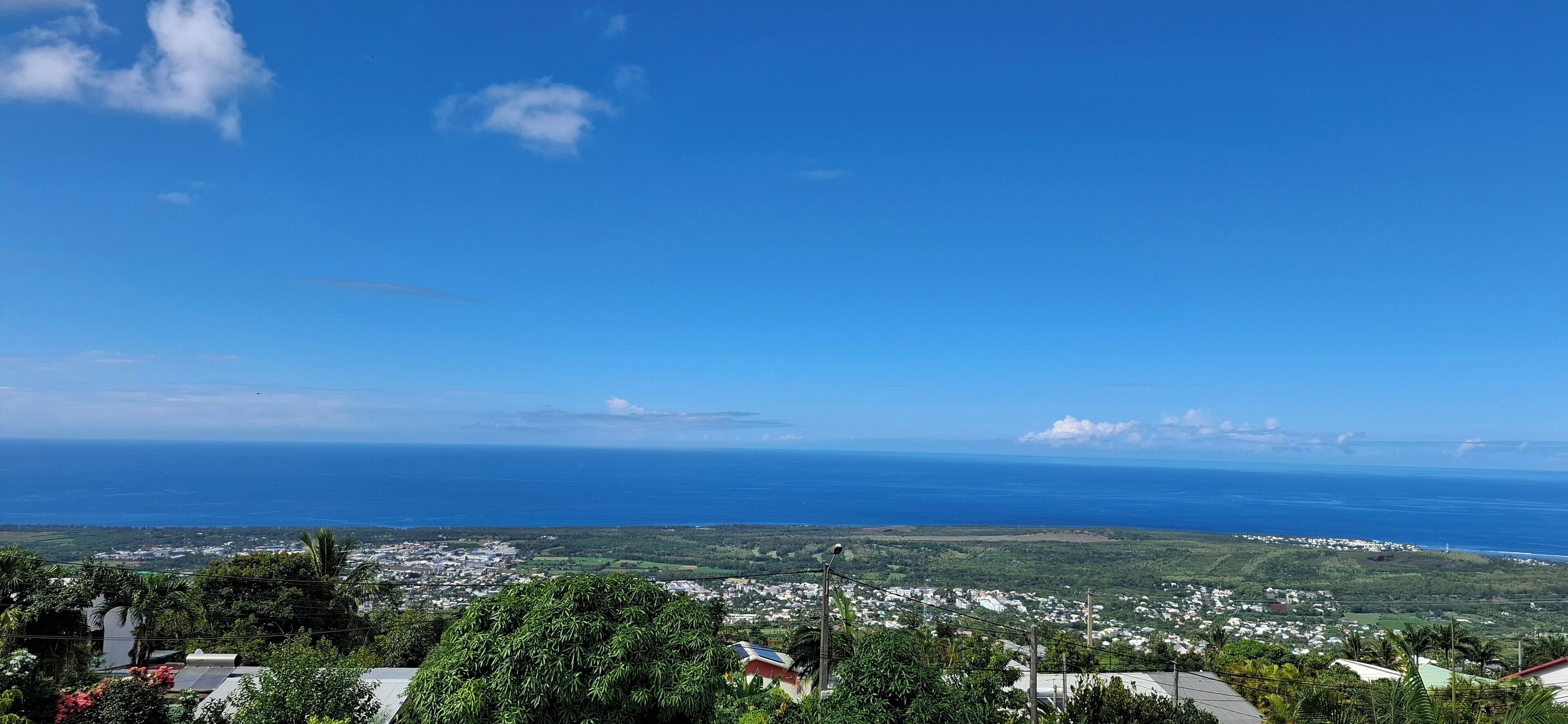 A coastal town with a view of the ocean, surrounded by greenery and residential buildings.