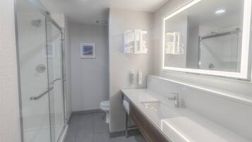 A modern bathroom with a glass shower enclosure, a white sink, and a large mirror.
