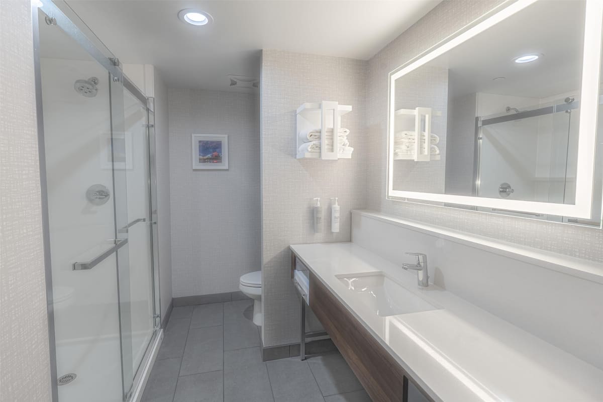Un baño moderno con cabina de ducha de vidrio, un lavabo blanco y un espejo grande.