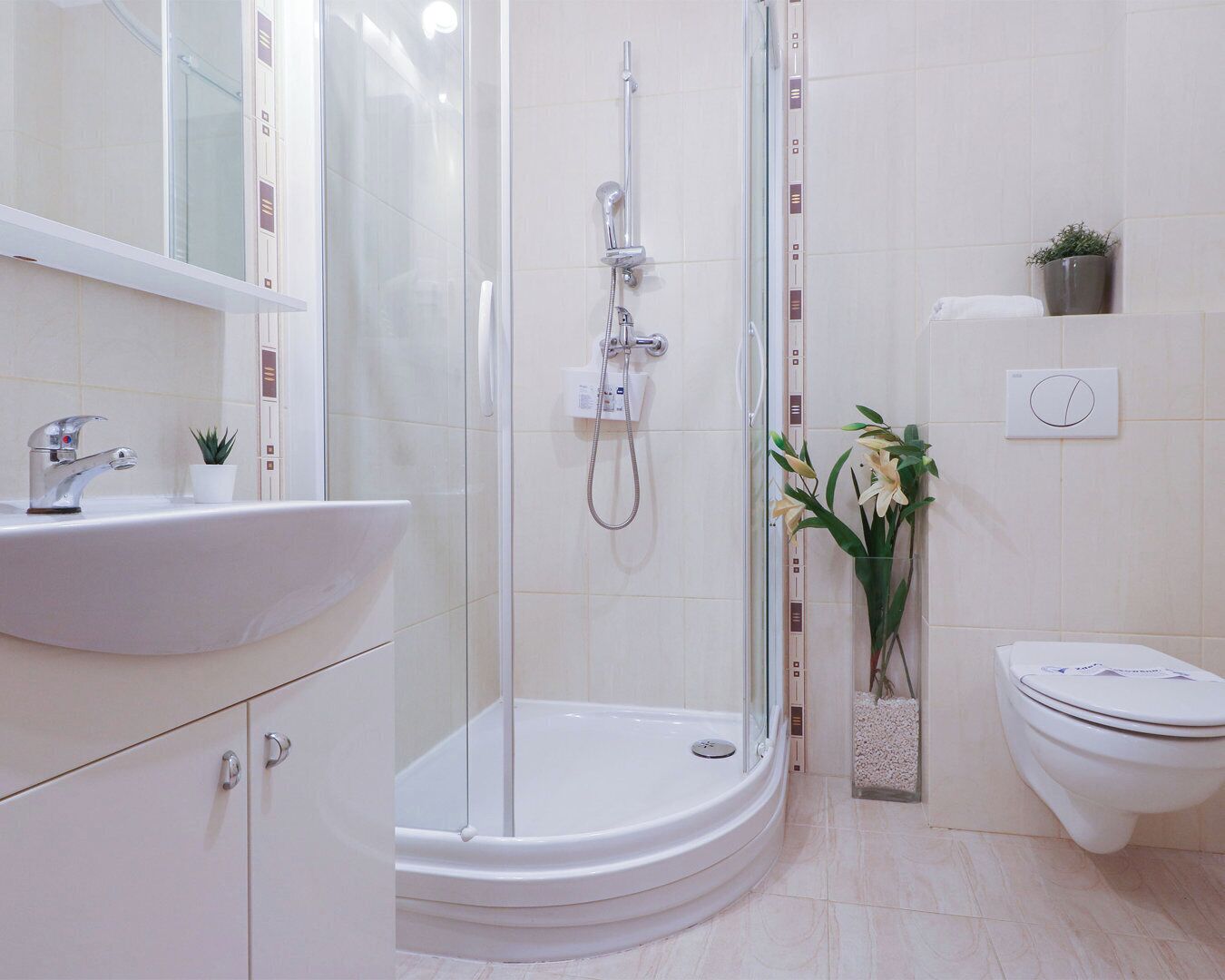Un baño moderno con ducha de vidrio, un lavamanos blanco y un inodoro.