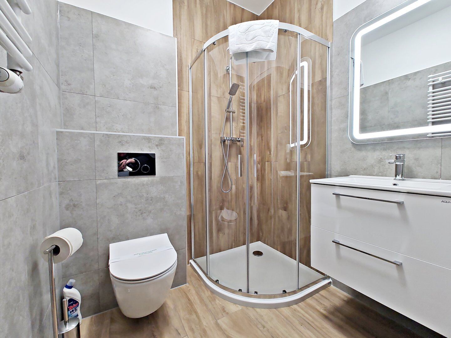 A modern bathroom with a glass-enclosed shower, a toilet, and a sink with a mirror.