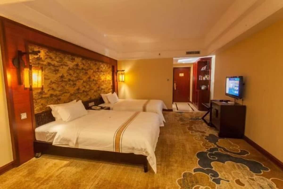 Une chambre d’hôtel avec deux lits, un mur décoratif en pierre, un sol recouvert de moquette, une télévision et un couloir avec une porte en bois.