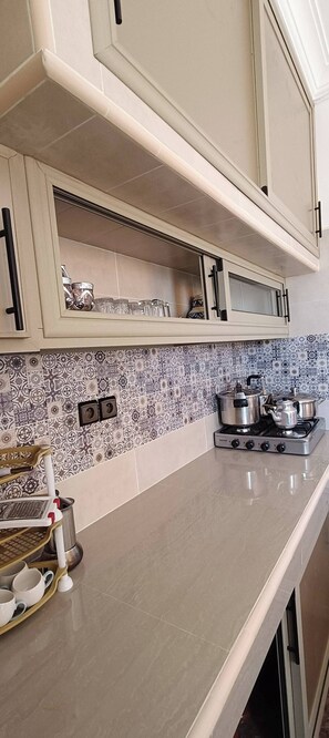 Fridge, stovetop, cookware/dishes/utensils, lobster pot