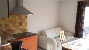 A compact room with a kitchenette, a sofa, a small table, and a window with curtains.