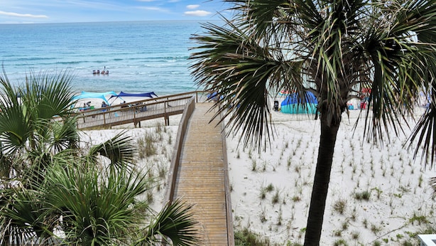 A beach with a wooden boardwalk leading to the water, palm trees, and beach umbrellas. - Direct Beach Access, Pet Friendly & Pool (Cape San Blas)