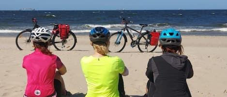 Three individuals seated on a sandy beach with bicycles and helmets, overlooking the ocean.