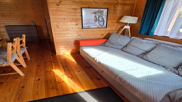 A wooden interior with a sofa, a framed picture, a lamp, and a window with curtains. - Holiday homes close to the seaside beach (Sarbinowo)