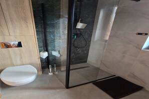 A modern bathroom with a glass shower enclosure, a toilet, and a bidet.