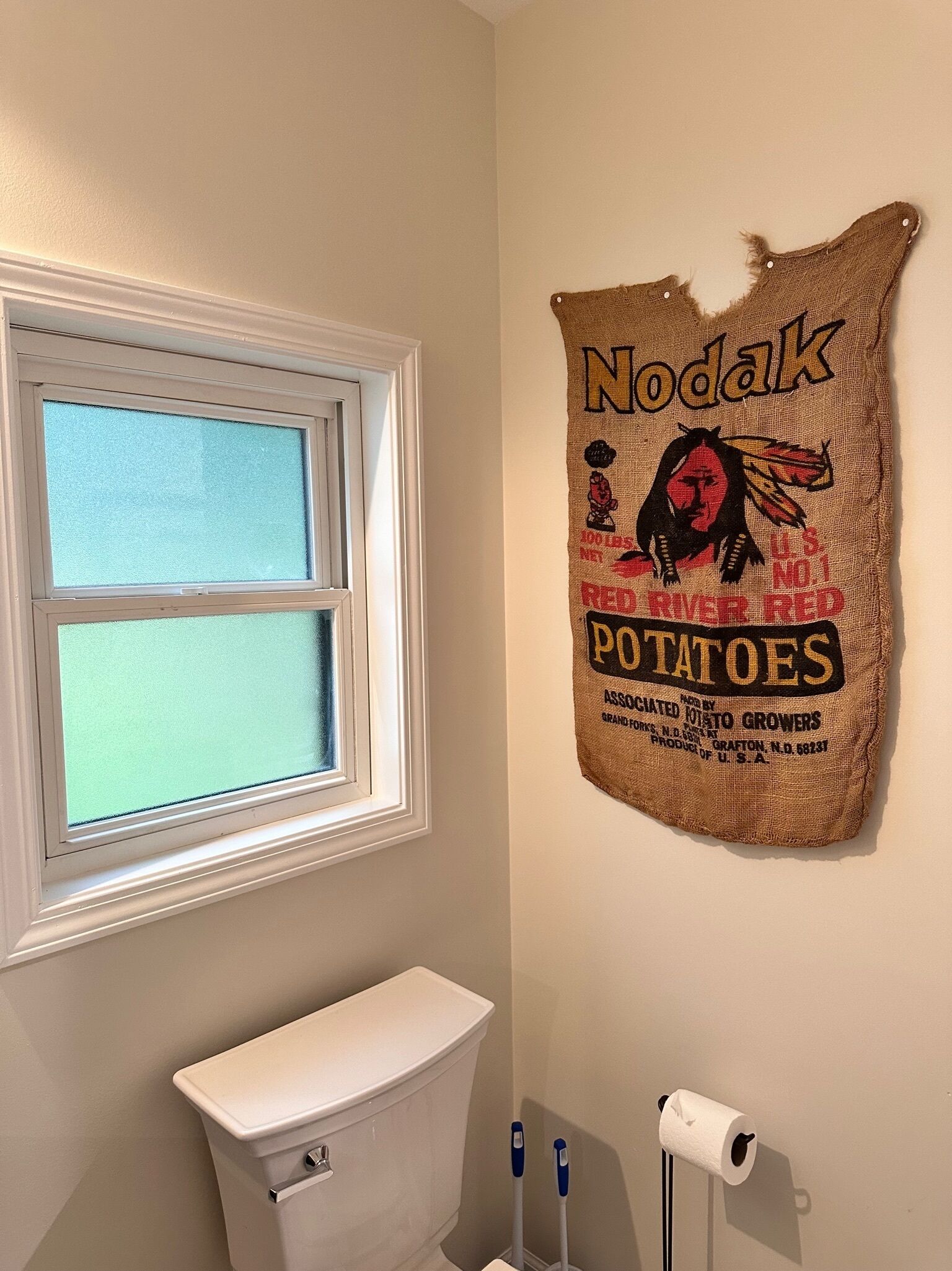 A bathroom with a window, a toilet, and a wall-mounted toilet paper holder.