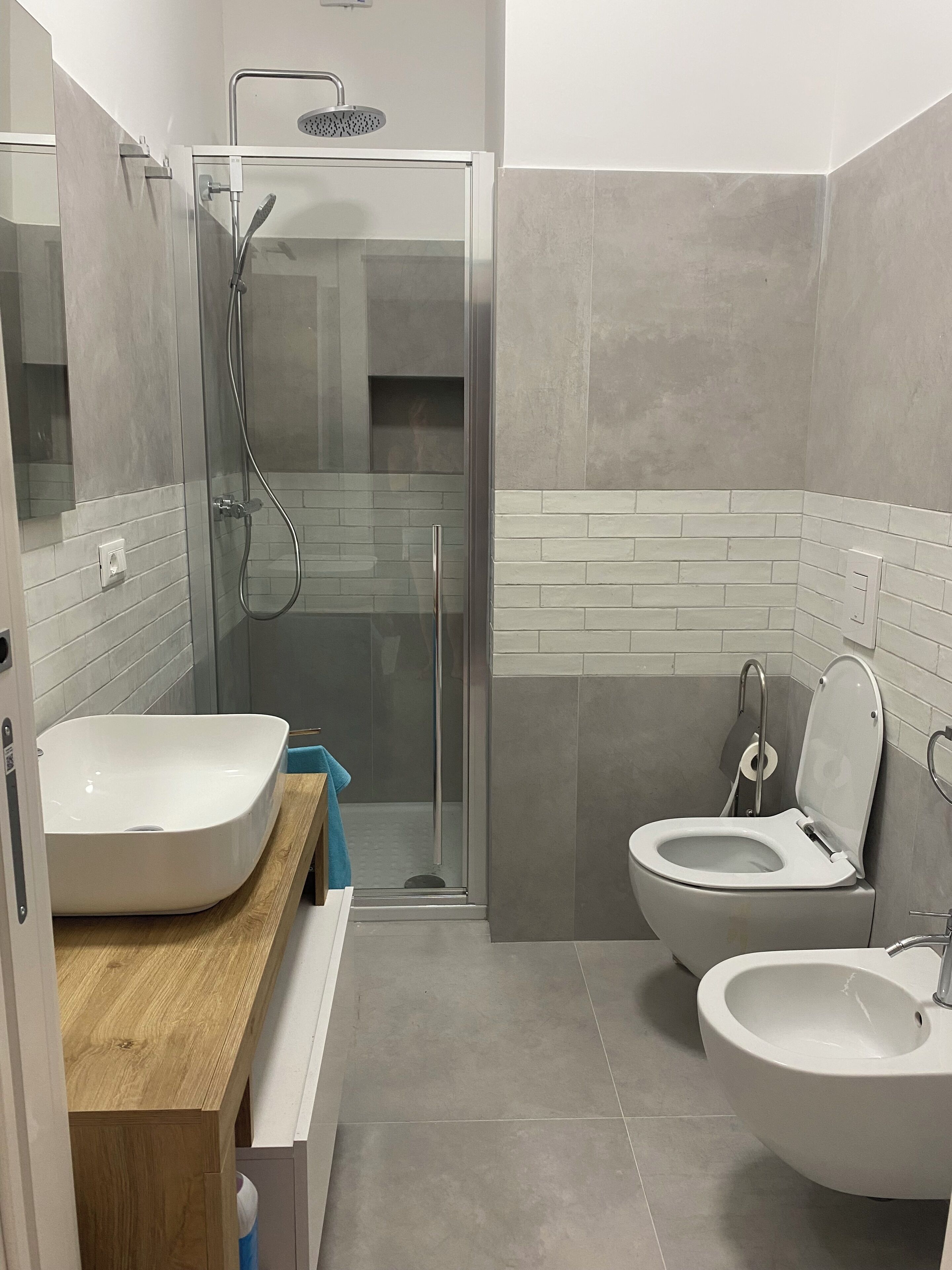 Hair dryer, bidet, towels, soap