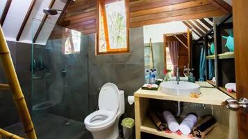 Shower, eco-friendly toiletries, hair dryer, towels