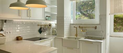 Frigorífico, microondas, horno y placa de cocina