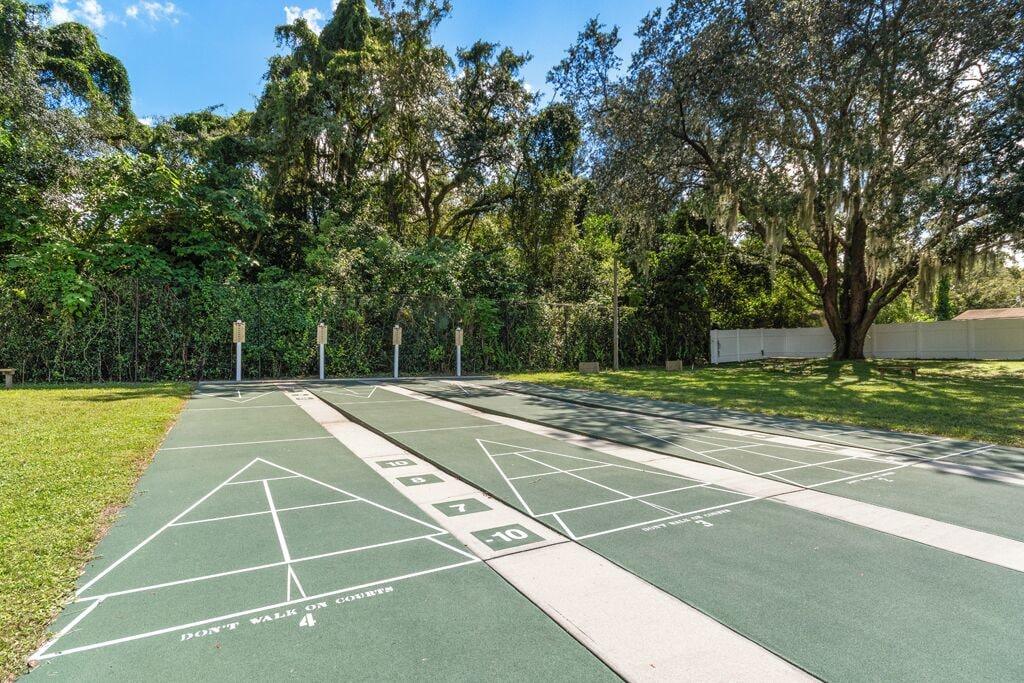 Pöytäshuffleboard-kenttä, jossa on numeroituja pistealueita, ja jonka ympärillä on puita ja nurmikkoalue.