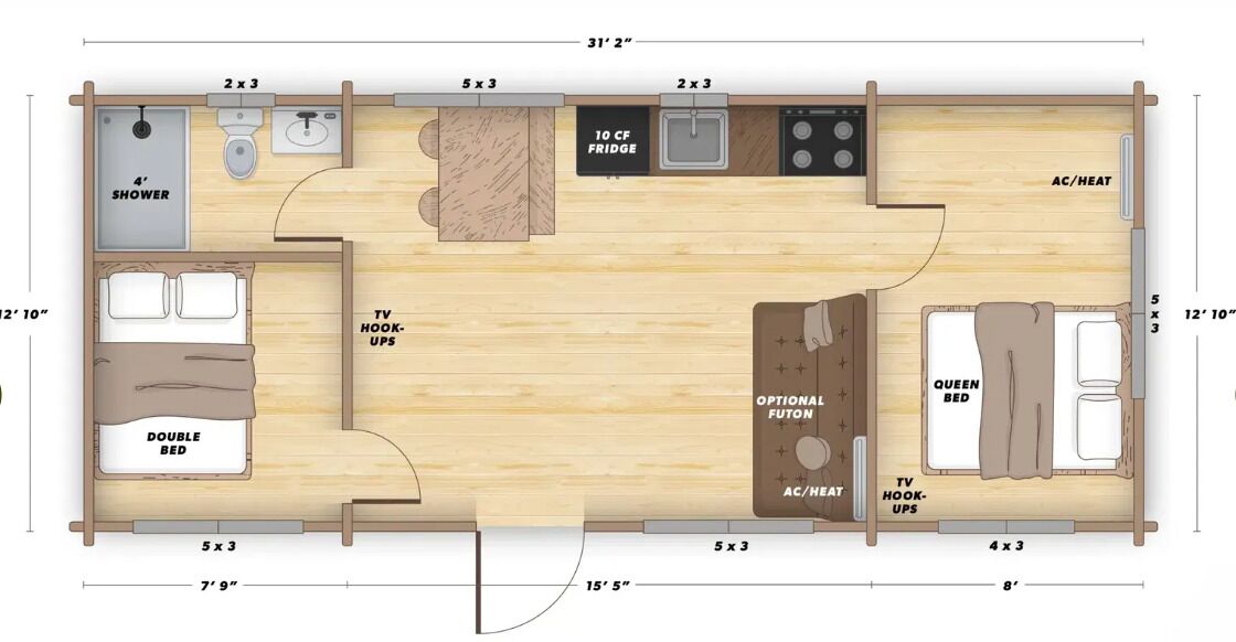 Plano de una habitación de hotel con cama doble, conexiones para televisión, televisor, cama tamaño queen, refrigerador de 10 pies cúbicos, futón opcional, unidad de aire acondicionado y calefacción, y ducha.