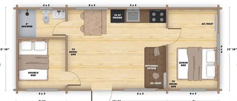 Plano de una habitación de hotel con cama doble, conexiones para televisión, televisor, cama tamaño queen, refrigerador de 10 pies cúbicos, futón opcional, unidad de aire acondicionado y calefacción, y ducha.