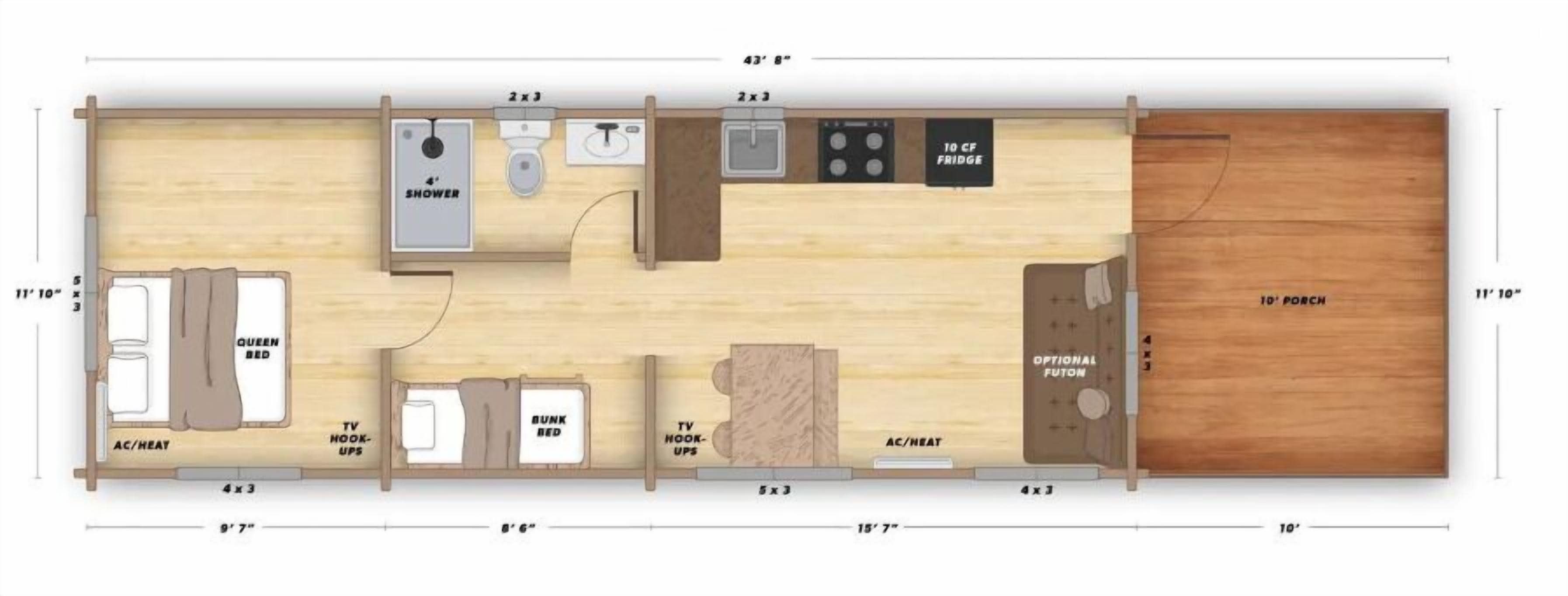 A floor plan of a compact hotel room with a queen bed, TV hook-ups, a TV, a bunk bed, a shower, a fridge, a porch, and an optional futon.