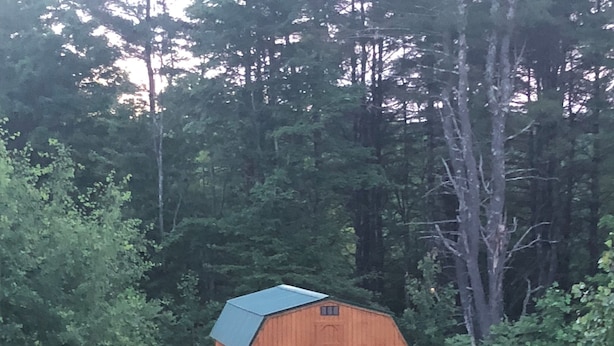 A small wooden cabin with a green roof, surrounded by dense forest.