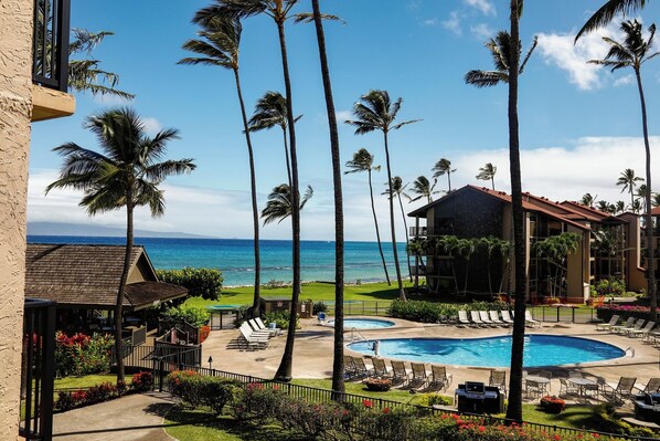 Un resort con piscina, palmeras y vista al océano.