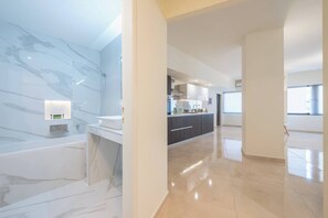Shower, hair dryer, soap
